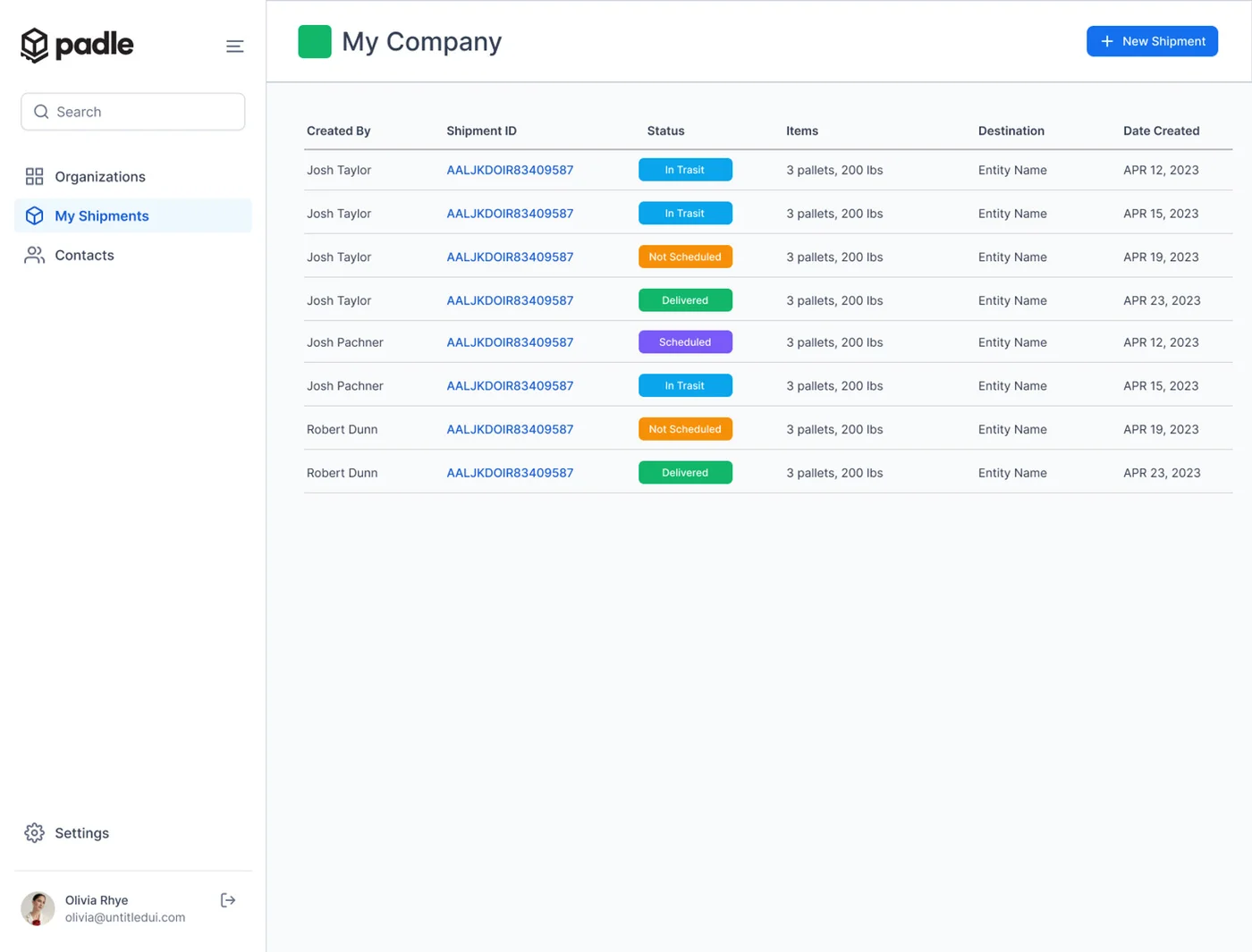 Padle shipment management dashboard showing a list of freight shipments and their status